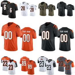 Heren Dames Jeugdvoetbal 6 Jake Browning Jerseys 30 Chase Brown 28 Joe Mixon 23 Dax Hill 21 Mike Hilton 33 Nick Scott 27 Battle 89 Drew Sample Zwart Wit Oranje Grijs