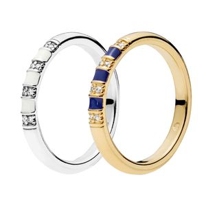 Men Dames Blue Stripes Stones Ring Yellow Gold Ploated Wedding Sieraden voor Pandora Real 925 Silver CZ Diamondringen met originele doos