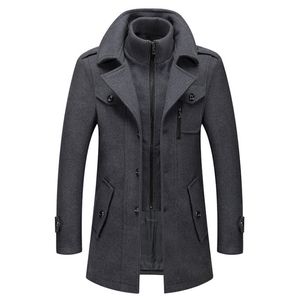 Men Wol Blends Laders Herfst Winter Solid kleur Koud resistent mannen Wollen overjas dubbele kraag Casual Trench Coat man 2 stks