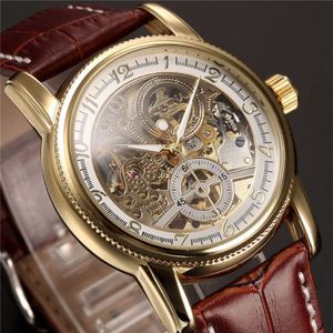 Mannen Horloges Luxe Gouden Skeleton Mechanische Steampunk Mannelijke Klok Automatische Horloge Lederen Band Herren Horloges J19070294N