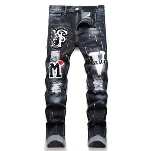 Mannen y2k Stretchy Denim jeans Ripped Skinny Letter Print elastische taille Casual broek voor mannen Gat Slim Fit Hip Hop Broek 240113