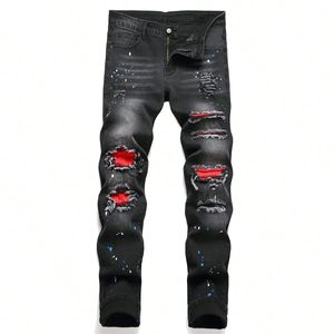 Mannen y2k rekbare magere spijkerbroek voor mannen Casual broek gescheurd patchwork gat slank fit denim hiphop zwarte rechte broek 240429