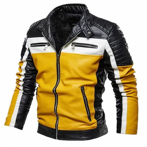 Hombres Amarillo PU Chaqueta de cuero Patchwork Biker Chaquetas Casual Cremallera Abrigo Masculino Chaqueta de motocicleta Slim Fit Forrado de piel Outwear Coat t4Hc #