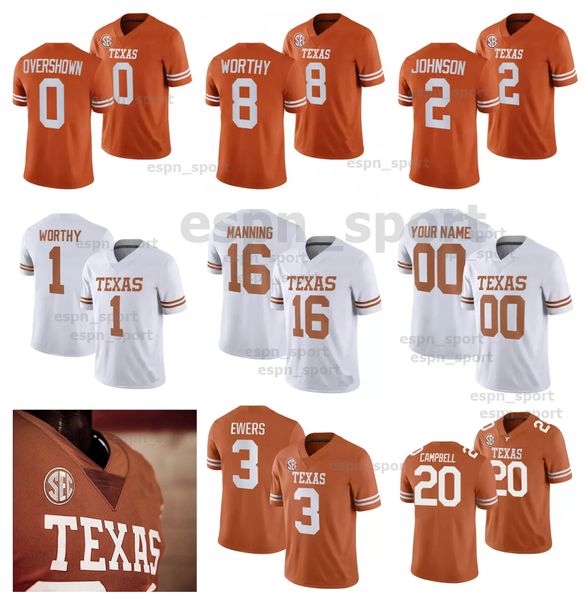 Maillot de football Texas Longhorns 2024 SEC College Quinn Ewers Arch Manning Bijan Robinson Xavier Worthy Earl Campbell Brian Orakpo Earl Thomas Vince Young Williams