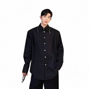Mannen Rits Kraag Lg Mouw Losse Casual Zwarte Shirts Mannelijke Japan Koreaanse Streetwear Fi Hip Hop Party Dr Shirts blouse t1My #