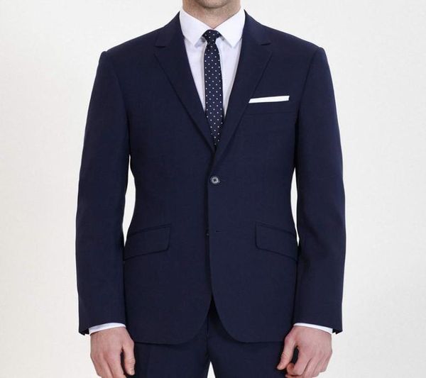 Men039s Trajes ajustados de 3 piezas con cuello plano, color azul marino, trajes de caballero personalizados con diseño moderno de negocios, chaqueta, chaleco, pantalones 9651228