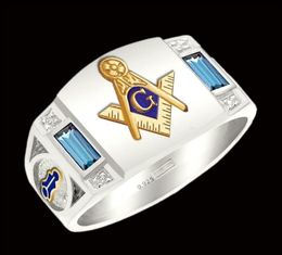 MEN039S 925 Sterling Silver Twotone 18K Geel Gold Ring Aquamarine Crystal Masonic Lodge Mason Ring Band Maat 7144031382