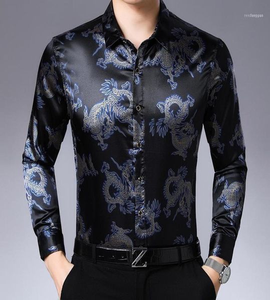 Men039S Shirts décontractés Dragon Imprimé Hommes Satin Blue Blue Long Sceau chinois Social19732063