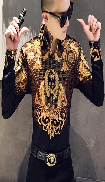 Men039 Shirts décontractés Luxury Gold Print Shirt Men Royal Retro Retro Long Mancheve Party Nightclub Tuxedo Slim Fit Streetwear Blouse Hom5668780