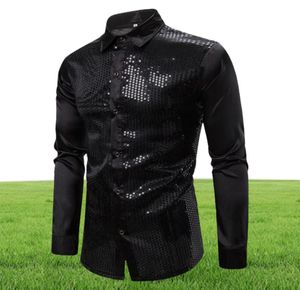 Men039S Shirts décontractés pour hommes Black à manches longues Bouton Down Down 2021 Shiny Sequin Satin Satin Men Business Party Male Chemi6926365