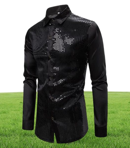 Men039S Shirts décontractés pour hommes Black à manches longues Bouton Robe 2021 Shiny Sequin Satin Satin Men Business Party Male Chemi1033348