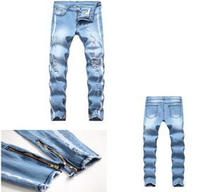 Men039S Distressed gescheurde jeans mode heren jeans slanke motorfiets Moto Biker causale heren denim broek Hip Hop Men Jeans3306773