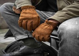 Men039s gants en cuir véritable givré hommes moto équitation doigt complet gants d'hiver avec fourrure Vintage cuir de vachette marron N7777393851