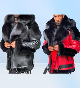 Men039S Fur Faux Leather Leer Winter Jacket Dikke Velvet kraag capuchon Zipper Kleurblok Patchwork Fashion Red Men2844775