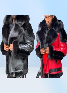 Men039S Fur Faux Leather Leer Winter Jacket Dikke Velvet kraag capuchon Zipper Kleurblok Patchwork Fashion Red Men5730566