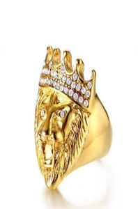 Men039S Hip Hop Gold Tone Roaring King Lion Head and Crown CZ Ring For Men Rock Rock Rainless Steel Pinky Rings Mannelijke sieraden72340684171547