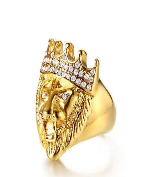 Men039s Hip Hop Gold Tone Roaring King Lion Head and Crown CZ Ring For Men Rock en acier inoxydable Pinky Rings Bijoux masculin72340687075498