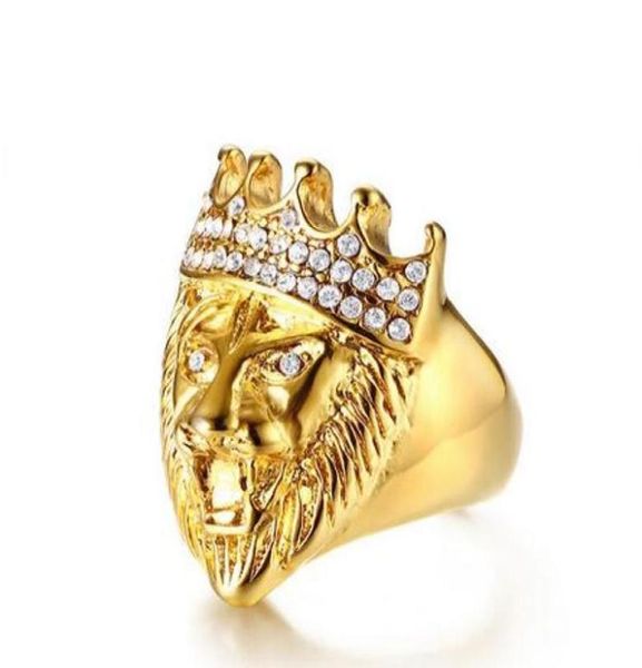 Men039s Hip Hop Gold Tone Roaring King Lion Head and Crown CZ Ring For Men Rock In colorée en acier ringue ross