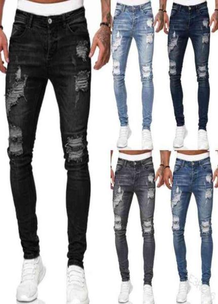 Men039s Trou Déchiré Skinny Jeans Men039s Mode Coloré Dessin Rides Jimpness Crayon Pantalon Moteur Motard Hip Hop Deni Casu6732493