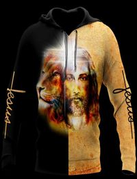 Men039s sudaderas con capucha Caída para Jesús. Nunca deja el león creencia casual Spring unisex 3d con cremallera impresa