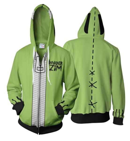 Men039s sweats à capuche vert impression 3D Anime Invader sweat à capuche zippé sweat Cosplay Costume hommes veste Coats3219376