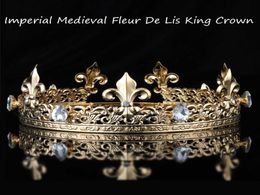Men039s Keizerlijke Middeleeuwse Gouden Koning Volledige Ronde Kroon Tiara Kristal Strass Verstelbare Fleur De Lis Decor Diadeem Party Costum7952849