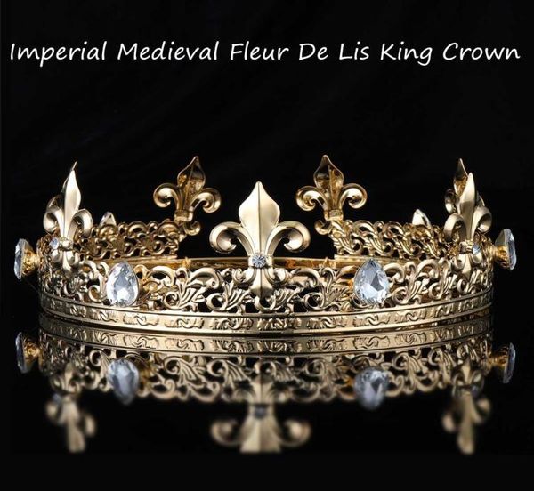 Men039s Imperial Medieval Gold King Couronne ronde complète Tiara Cristal Strass Réglable Fleur De Lis Décor Diadem Party Costum9588434