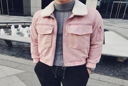 Men039s Vestes 2021 Bomber Rose Mabinet de fourrure rose Veste d'hiver Court Slim Fit Social Chaquetas Hombre Erkek Kurk Yaka Mont Kaban2145731