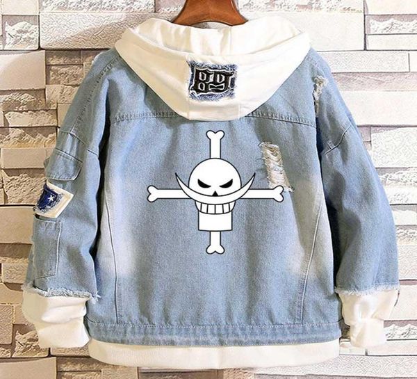 Men039s Vestes Anime One Piece Whitebeard Pirates Casual Couches Denim Effiloché Poitrine Côtelée À Capuche Jean Veste Lâche Cow3473013