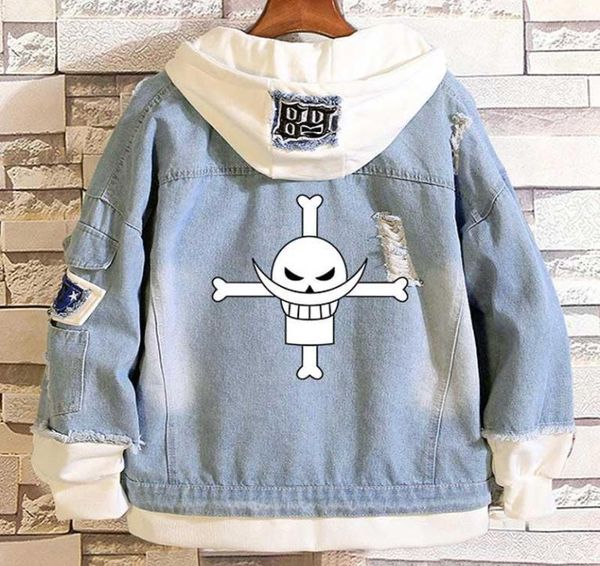 Men039s Vestes Anime One Piece Whitebeard Pirates Casual Couches Denim Effiloché Poitrine Côtelée À Capuche Jean Veste Lâche Cow4157988