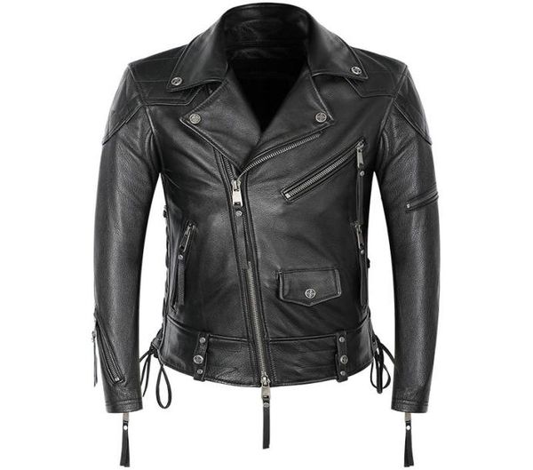 Men039s Vestes BONJEAN Moto Veste En Cuir Hommes Véritable Manteau En Peau De Vachette Punk Rock Costume Fermetures À Glissière À Lacets Slim Court5485916