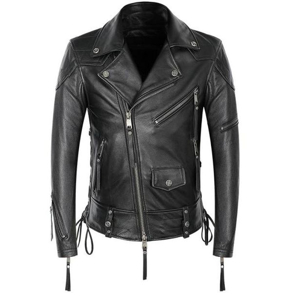 BONJEAN moto veste en cuir hommes véritable manteau de peau de vache Punk Rock Costume fermetures à glissière à lacets mince court 5601773