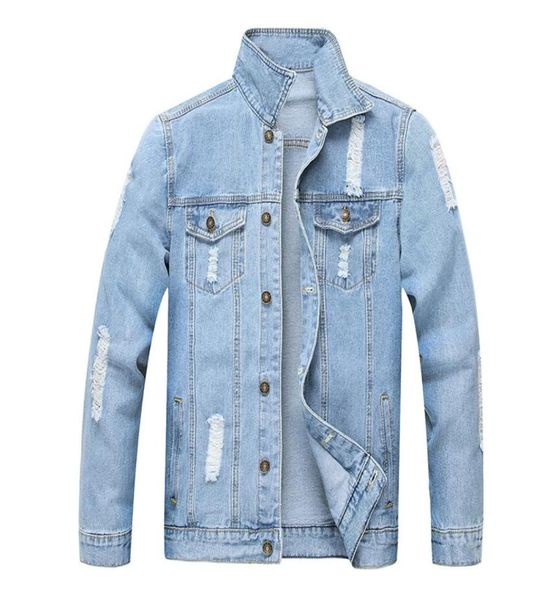 Men039s Chaquetas Moda Hombres Ripped Jean Washed Denim desgastado Azul claro Ropa de abrigo Hombre Turn Down Collar2404265