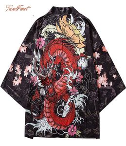 Men039s Vestes Hip Hop Men Streetwear Veste Chinese Fire Dragon Print 2021 HARAJUKU KIMONO Japonais Summer Brève mince robe JA9751126