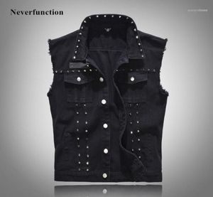 Men039S Jackets Men Fashion Vintage Metal Rivet Punk Motorfiets Mouwloze jeans Jacketsmale Casual Slim Fit Black Denim Vesten 8912526