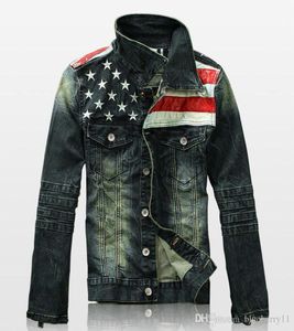 Men039s Jassen Heren Denim Bovenkleding Amerikaanse Vlag Mannelijke Doen Oude Blauwe Motorfiets Jeans Jas Jas Man Mode Slim1848225