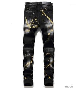 Y2k Heren Jeans 2023 Herfst Winter Flarden Slim PP Wassen Gescheurde Zwarte Verf Splash Strakke Stretch Mode Mannelijke Broek