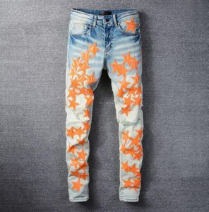 Men039s Jeans Amerika Mannelijke Blauw Oranje Ster Leer Patchwork Gat Reparatie Streetwear Jean Homme Ripped Mannen MotorbroekMen6232100