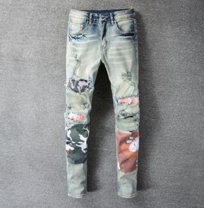 Men039s Jeans American Street Style Fashion Men Retro Light Blue Slim Fit Ripped Patches Designer Hip Hop Denim Punk Pants6814998
