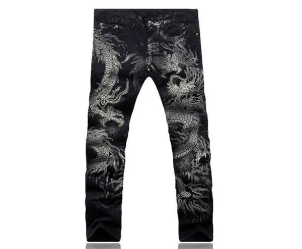 Men039s Jeans Pantalons Men Slim Fit Fashion Dragon imprimé mâle Dessin coloré peint en denim noir élastique Cargo4168056