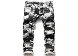 Men039s jeans imprimement élégant hommes stretch crayon jeans pantalon hip hop pantalon denim slim pour la fête créative squar et blanc squar7932754