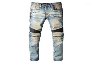 Men039S Jeans PU Leather Patchwork Biker Knee Zippers Retro Light Blue Stretch Denim Slim Pants Mens Skinny Jeans13714026