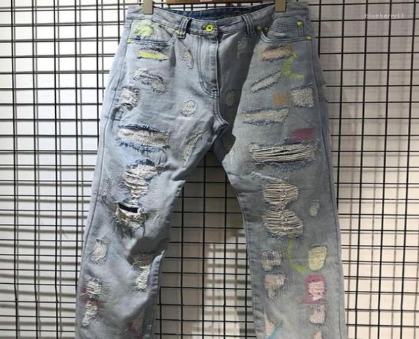 Men039S Jeans Streetwear High Damage Hale High Damage Men Femmes Femmes Qualité Métal Bouton Zipper Denim Pantal