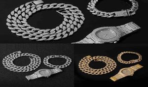 Men039s ensemble de bijoux 3 pièces ensemble collier montre et Bracelet Hip Hop Miami Edge chaîne cubaine or tout diamant de glace Cz Flas3506198