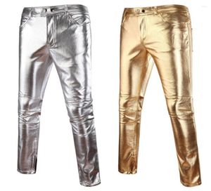 Men039s Pantalones Negro Pantalón casual Hombres Pantalones para hombre Flaco Brillante Oro Plata PU Cuero Motocicleta Discoteca Escenario para cantantes 7955575