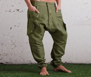Men039S broek mannen Casual Solid Color Multi -Pockets knop Joggers streetwear broek Fashion Drop Crotch Harem S5XL7596003