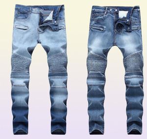 Men039s Plissé Biker Jeans Pantalon Slim Fit Marque Designer Motocycle Denim Pantalon Pour Homme Droit Lavé Multi Zipper X06213457225