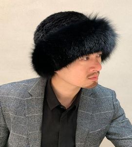 Men039s Real Mink Fur Hat Winter Warm Bucket Hat Fox Brim Outdoor Ski Cap9401468