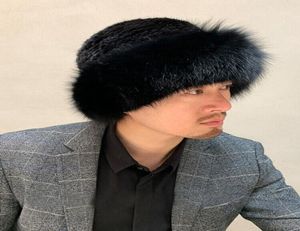 Men039s Real Mink Fur Hat Winter Warm Bucket Hat Fox Brim Outdoor Ski Cap7856343