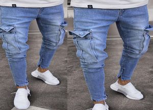 Men039s jeans coupés skinny Slim jeans à fermeture éclair à rayures droites bleu avec pantalon en tissu de denim de poche7955113
